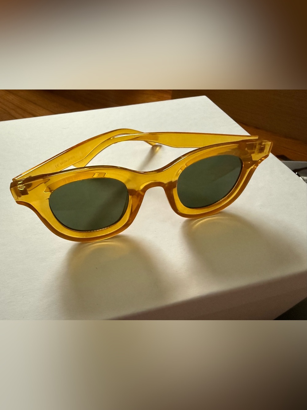 Mango Yellow Amber Frame Sunglasses with Dark Green Lenses